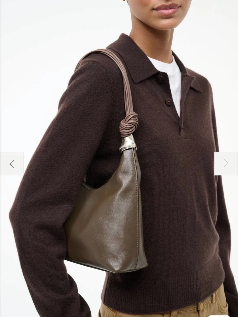 STAUD Olive Green Leather Knotted-Handle Hobo with Silver Accents